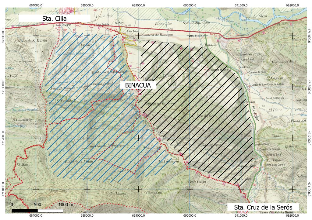 Mapa aproximado del área de la batida de caza en la zona de Binacua